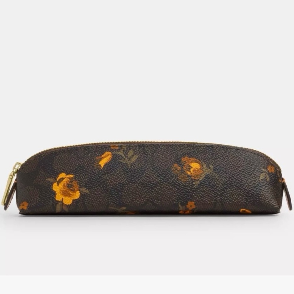 NWT Coach CCI83 Floral Signature Canvas Pencil Case Walnut Yellow
